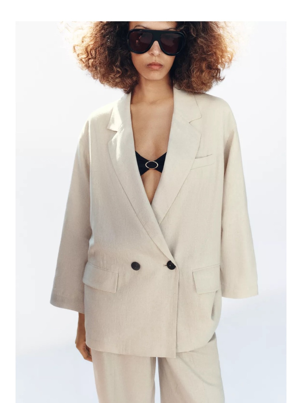 Zara Beige Double-Breasted Linen Blazer